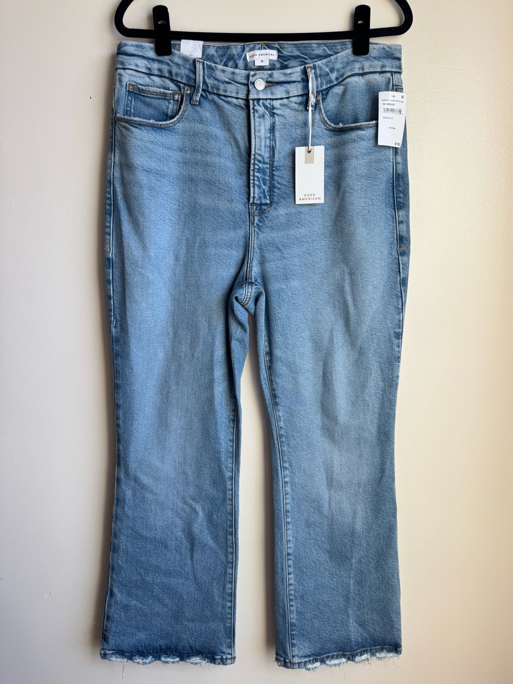 NWT Good American Good Legs Crop Mini Boot Jeans 15 Plus Light Wash Raw Hem